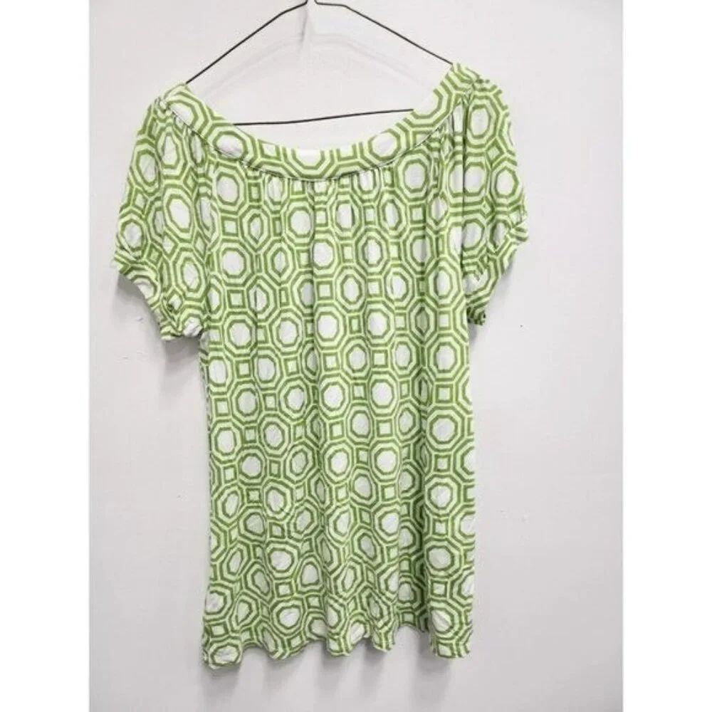 Michael Michael Kors Womens Top Medium Green‎ Printed Puff Sleeve Boat Neck BOHO